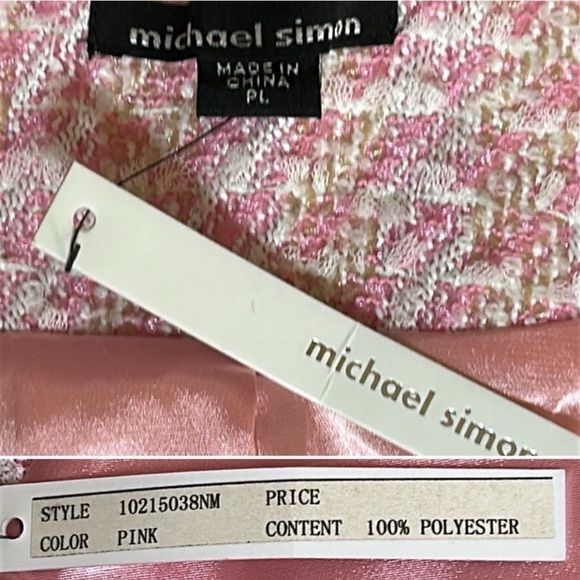 Michael Simon Pink & Cream Tweed Jacket, Pearl Ribbon Accent, size Large Petite - Picture 3 of 12